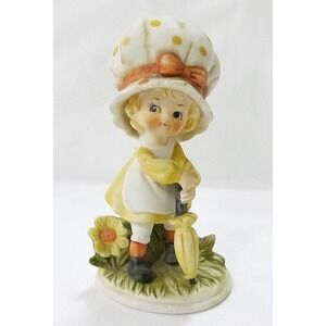 Vtg holly hobbie figurine yellow dress umbrella cottagecore whimsical‎ cute